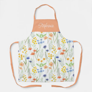 Orange Blue Watercolor Wildflower Custom Name Apron