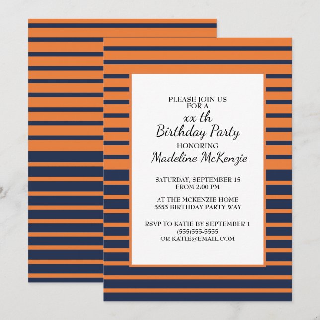 Orange Blue White Striped Birthday Party Invite (Front/Back)