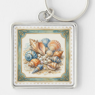 ORANGE BLUE WHITE TROPICAL SEASHELLS KEY RING