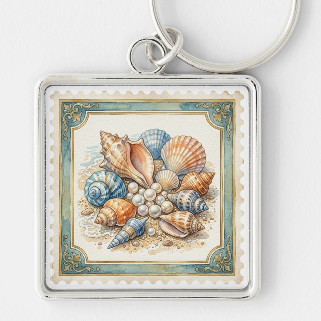 ORANGE BLUE WHITE TROPICAL SEASHELLS KEY RING (Front)