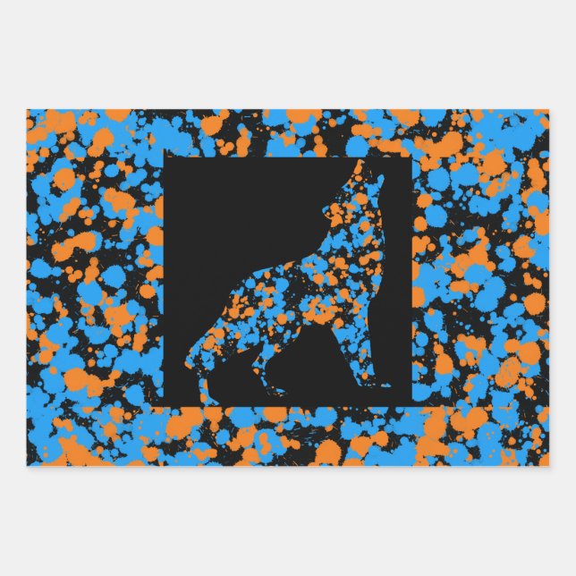Orange Blue Wolf Splattered Paint  Wrapping Paper Sheet (Front 3)