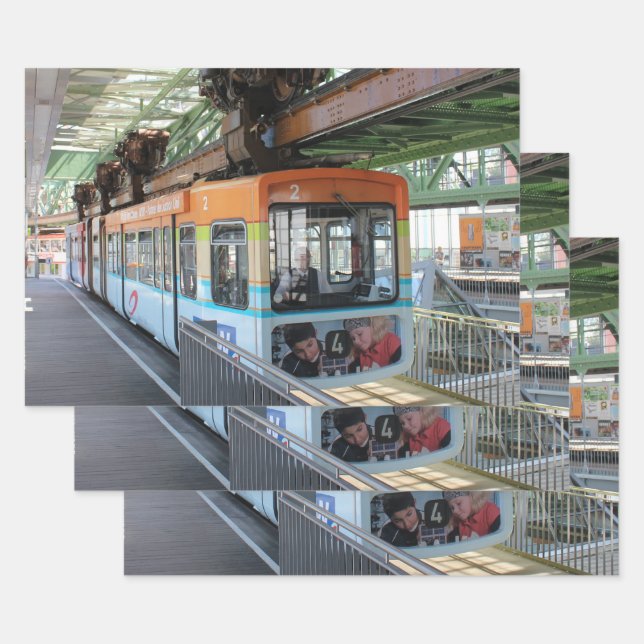 Orange Blue Wuppertal Floating Train Wrapping Paper Sheet (Set)