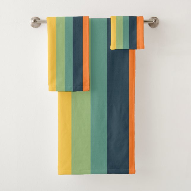 Orange, blue, yellow and green stripes bath towel set (Insitu)