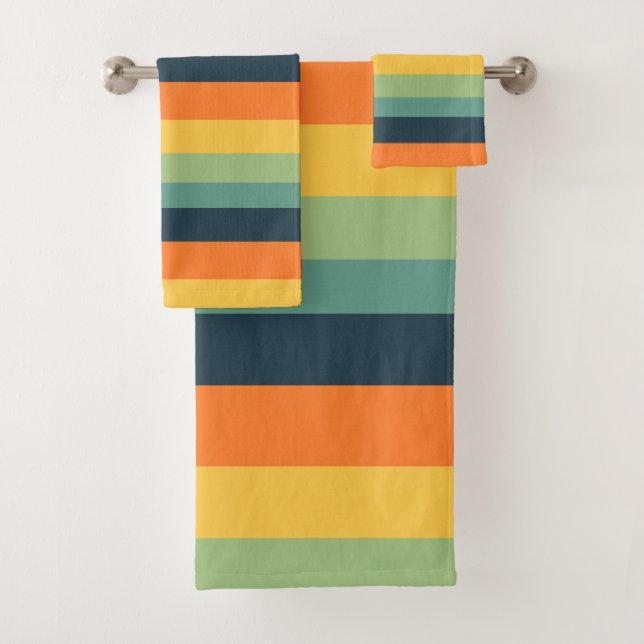 Orange, blue, yellow and green stripes bath towel set (Insitu)