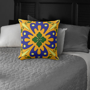 Orange Blue Yellow Spanish Tile Pattern Cushion