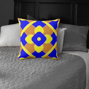 Orange Blue Yellow Spanish Tile Pattern Cushion