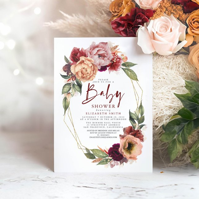 Orange Blush Burgundy Red Floral Fall Baby Shower Invitation (Burgundy Red and Terracotta Floral Baby Shower Invitation)