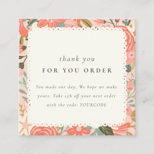 Orange Blush Peach Ambrosia Floral Thank You Order Square Business Card (Front)