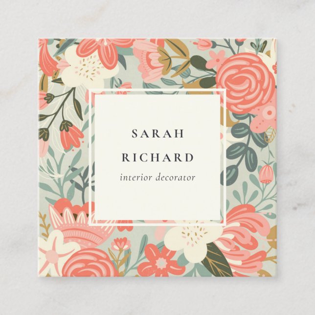 Orange Blush Teal Blue Green Lace Ambrosia Floral Square Business Card (Front)