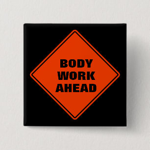 Orange body work ahead caution classic road sign  15 cm square badge