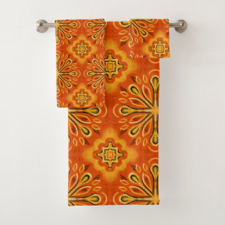 Orange Boho Abstract Flower Pattern Decorative Bath Towel Set