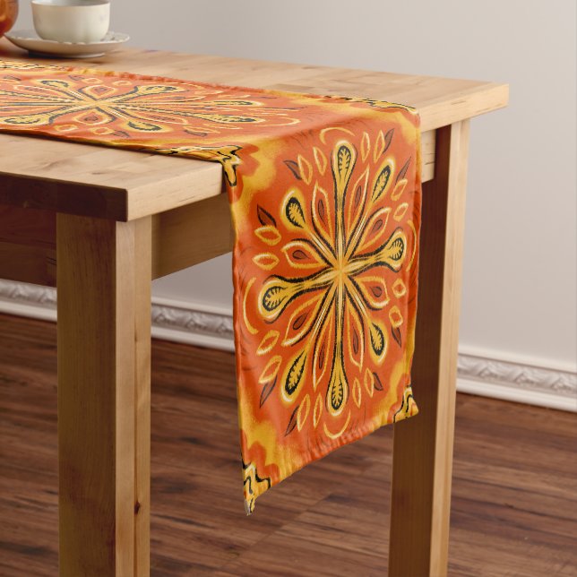 Orange Boho Abstract Flower Pattern Decorative Short Table Runner (In Situ)