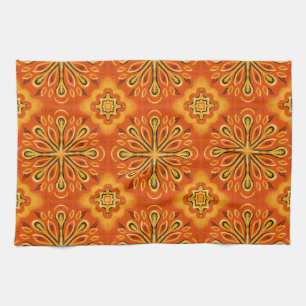 Orange Boho Abstract Flower Pattern Decorative Tea Towel