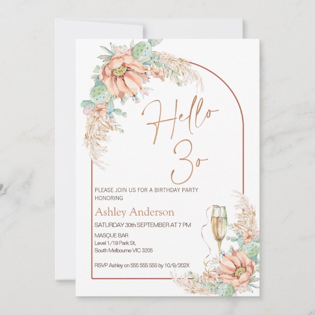 Orange Boho Cactus 30th Birthday Party Invitation (Front)