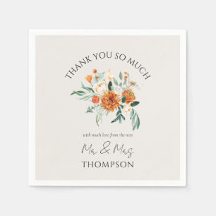Orange Boho Fall Floral New Mr Mrs Thank You Napkin