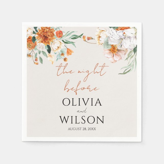 Orange Boho Fall Floral Wedding  Napkin (Front)