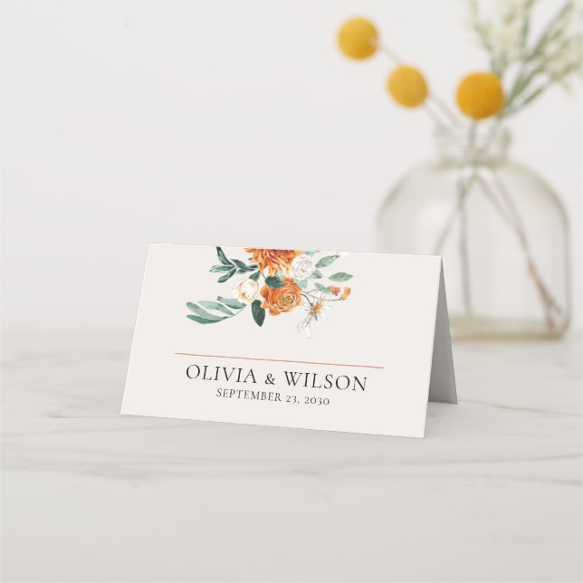 Orange Boho Fall Floral Wedding Place Card (Front)