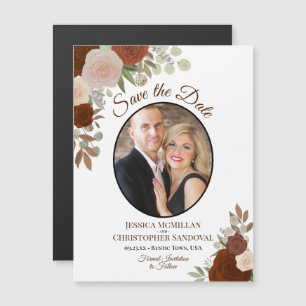 Orange Boho Floral & Photo Wedding Save the Date Magnetic Invitation