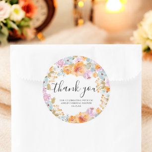 Orange Boho Floral Watercolor Thank You Bridal Classic Round Sticker