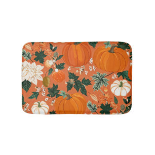 Orange Boho Pumpkin Autumn Floral Pattern Bath Mat