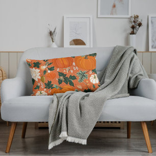 Orange Boho Pumpkin Autumn Floral Pattern Lumbar Cushion