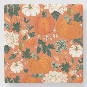 Orange Boho Pumpkin Autumn Floral Pattern Stone Coaster
