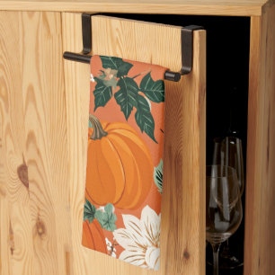 Orange Boho Pumpkin Autumn Floral Pattern Tea Towel