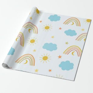Orange Boho Rainbow with Sun and Clouds Wrapping Paper