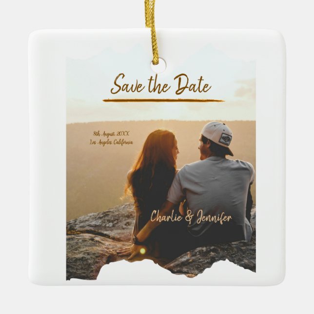 orange boho save the date modern photo couple name ceramic ornament (Front)
