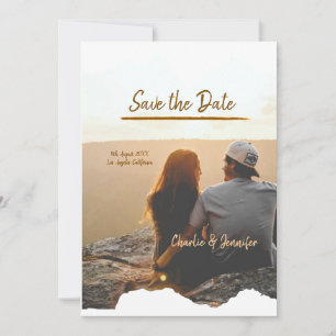 orange boho save the date modern photo couple name invitation