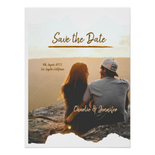 orange boho save the date modern photo couple name poster
