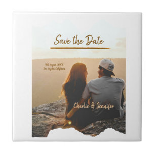 orange boho save the date modern photo couple name tile