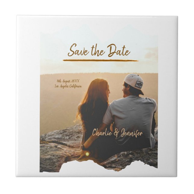 orange boho save the date modern photo couple name tile (Front)