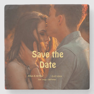 orange boho save the date QR add website name phot Stone Coaster