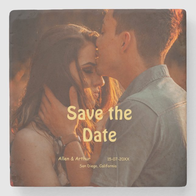 orange boho save the date QR add website name phot Stone Coaster (Front)