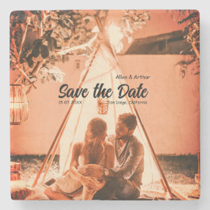 orange boho save the date QR add website name phot Stone Coaster