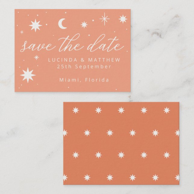 Orange Boho Starry Wedding Save The Date Card (Front/Back)