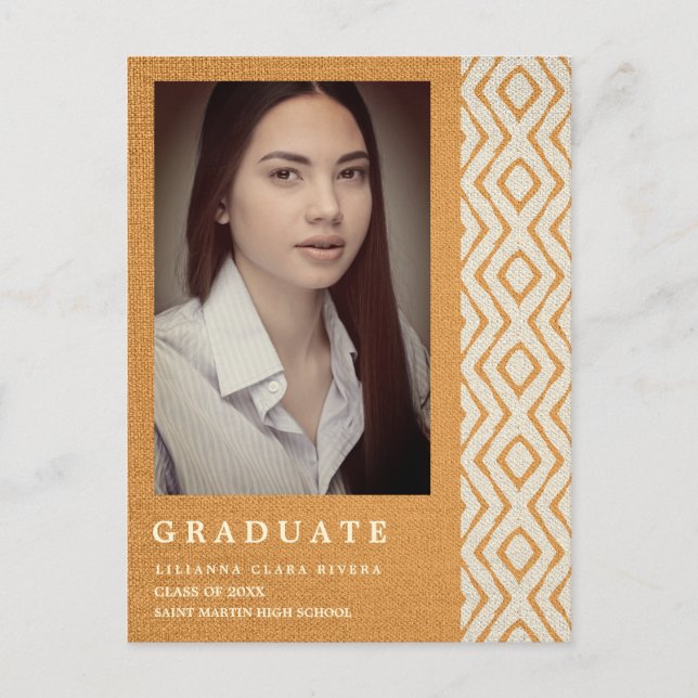 Orange Boho Texture Photo Unisex Graduation Announcement Postcard (Front)