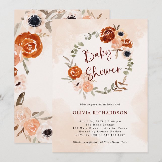 Orange Boho | Watercolor Blush Baby Shower Invitation (Front/Back)
