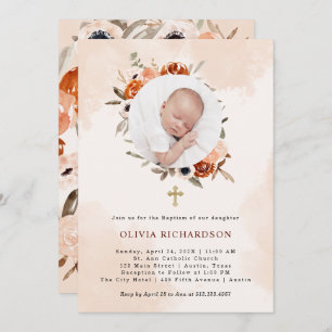 Orange Boho   Watercolor Blush Baptism Photo Invitation