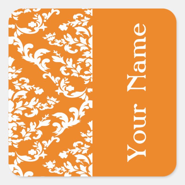 Orange Bold Damask at Emporiomoffa with name Square Sticker (Front)
