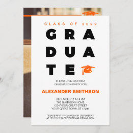 Orange Bold GRADUATE Letters and Cap Graduation Invitation