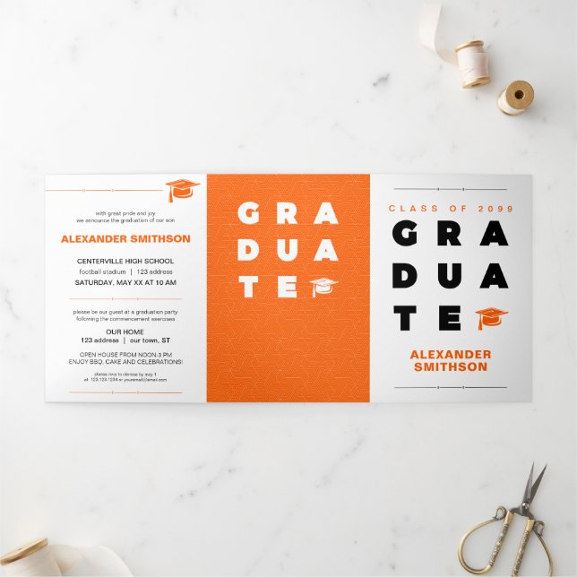Orange Bold GRADUATE Letters and Cap Graduation Tri-Fold Announcement (Outside)