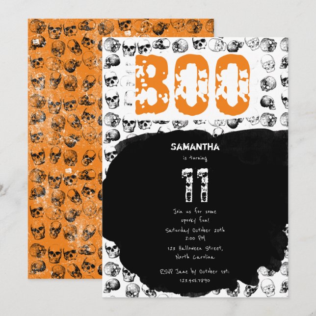 Orange Boo Halloween Spooky Skull Birthday Invitation (Front/Back)