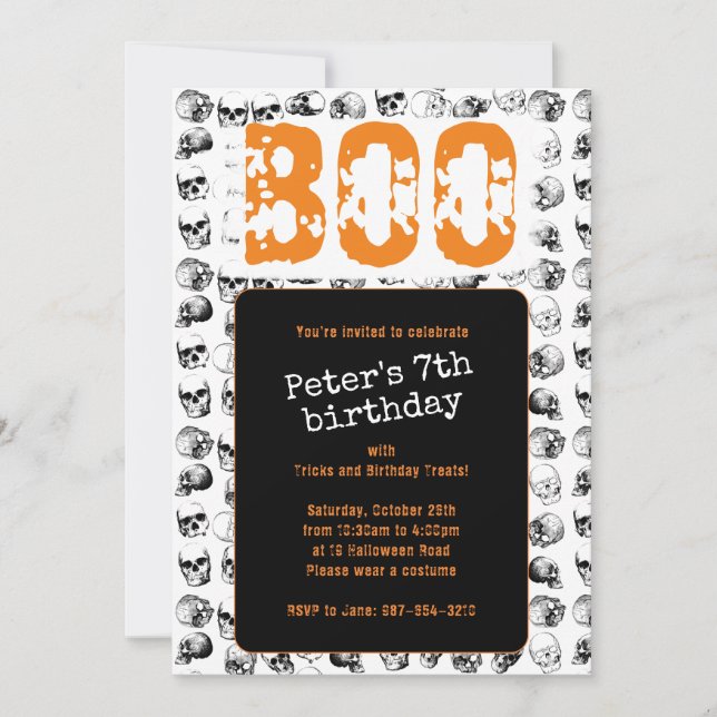 Orange Boo Halloween Spooky Skull Birthday Invitation (Front)