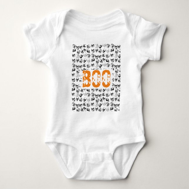 Orange Boo Halloween Spooky Skull Pattern Baby Bodysuit (Front)
