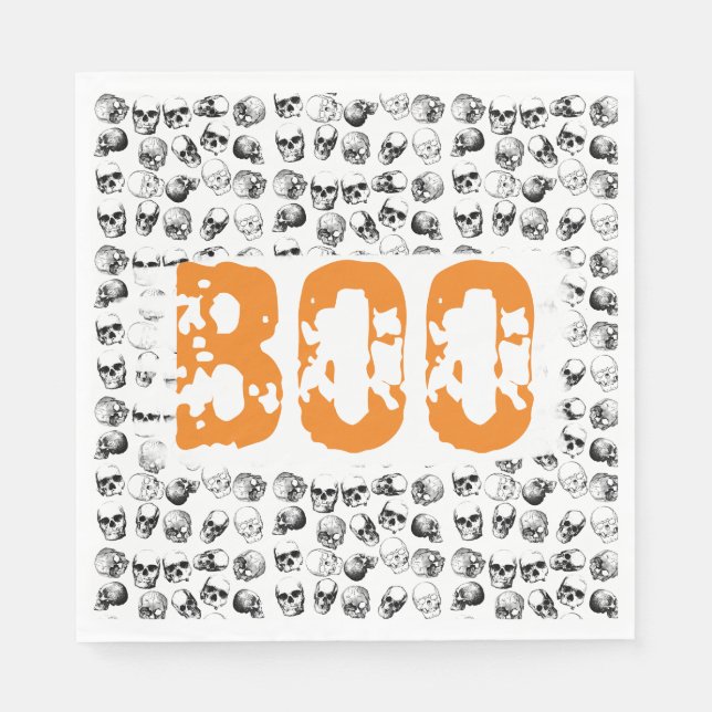Orange Boo Halloween Spooky Skull Pattern  Napkin (Front)