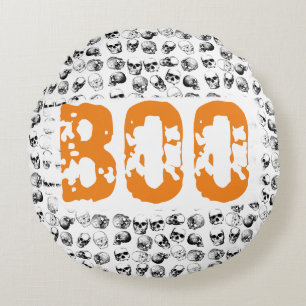 Orange Boo Halloween Spooky Skull Pattern  Round Cushion