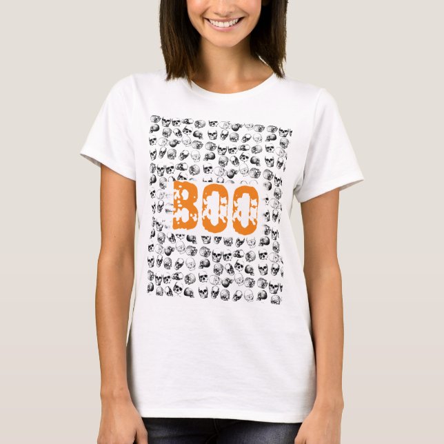 Orange Boo Halloween Spooky Skull Pattern  T-Shirt (Front)