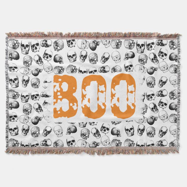 Orange Boo Halloween Spooky Skull Pattern Throw Blanket (Front)